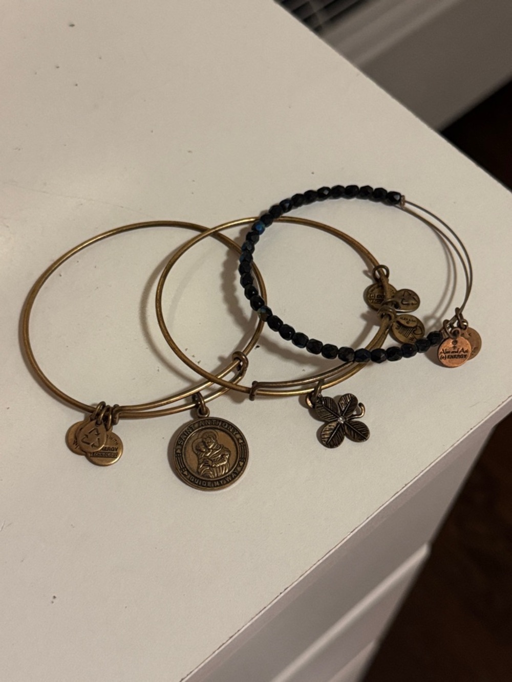 Alex and Ani Gold Tone Charm Bangle Set with Black Beaded Bracelet